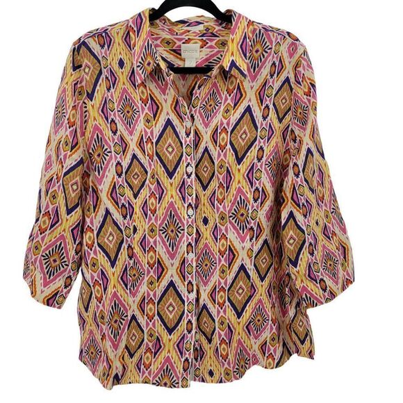 Chico's Top Blouse NO-IRON Ikat Linen Button-Back Shirt Size 2 Pink Southwestern - Picture 1 of 11